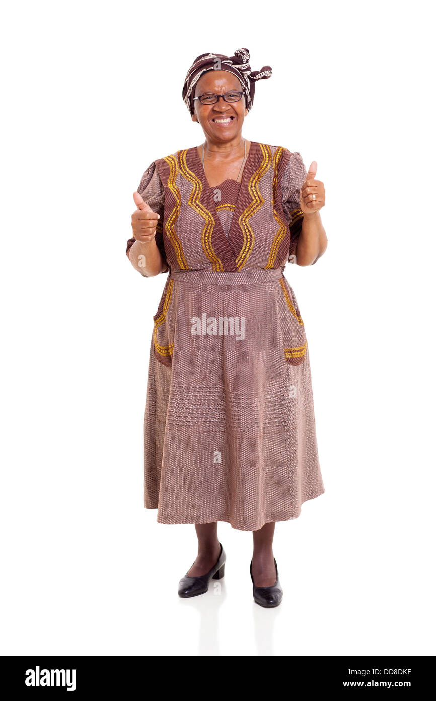 ältere Afrikanerin Daumen aufgeben auf weißem Hintergrund Stockfoto