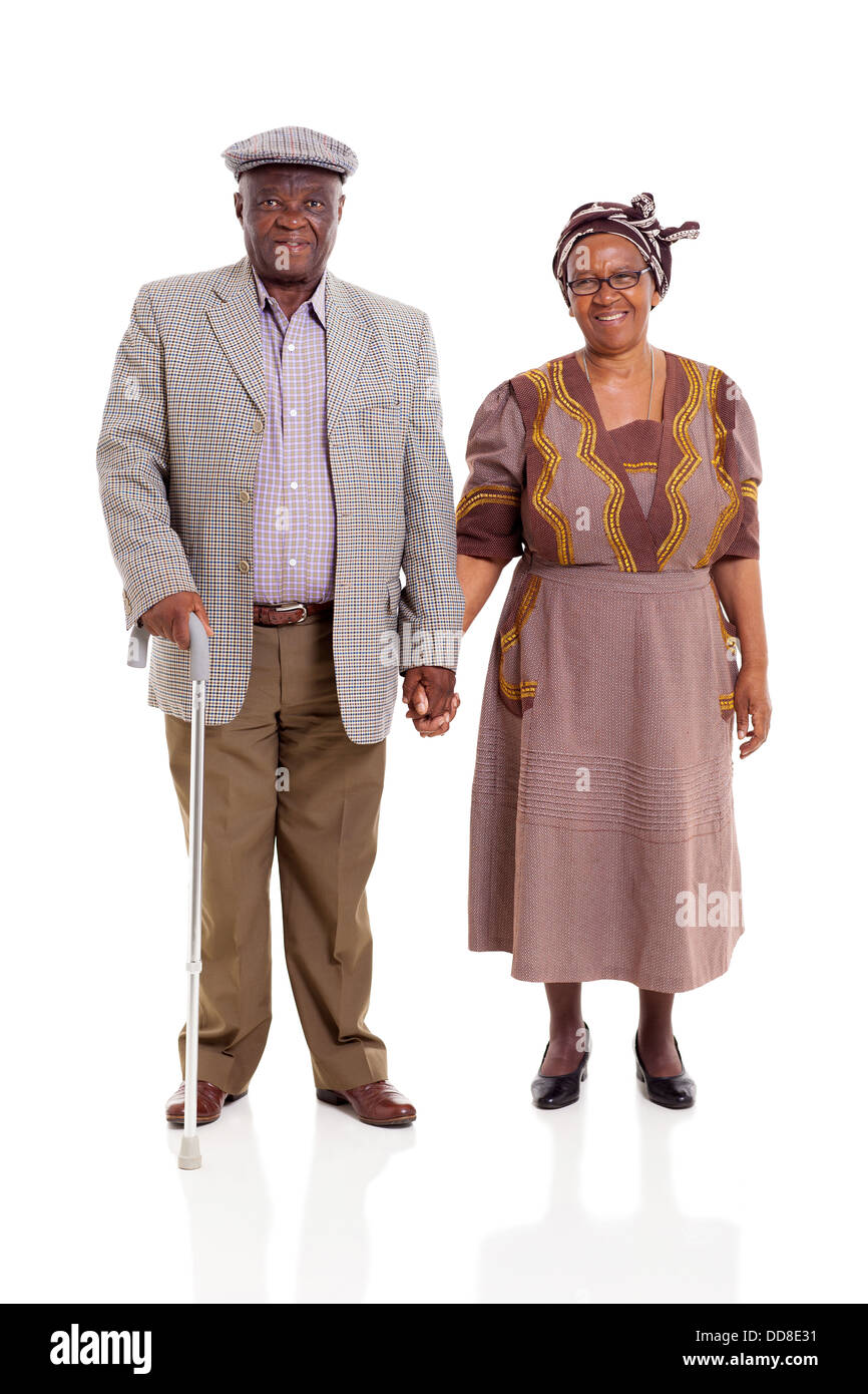 Senior African Paar halten die Hände auf weißem Hintergrund Stockfoto