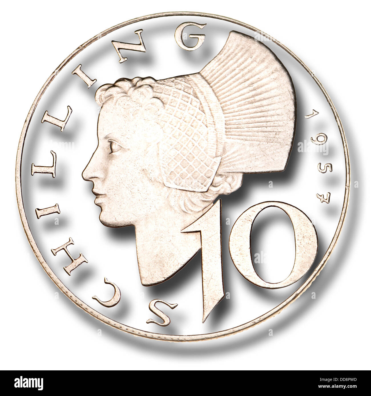 Österreichischen zehn Schilling-Münze von 1957 - Freisteller Details, Schlagschatten hinzugefügt Stockfoto