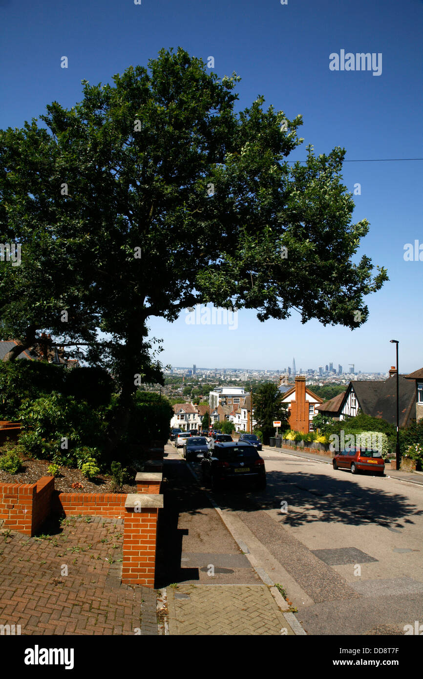 Der Londoner Skyline gesehen vom Canobie Road, Forest Hill, London, UK Stockfoto