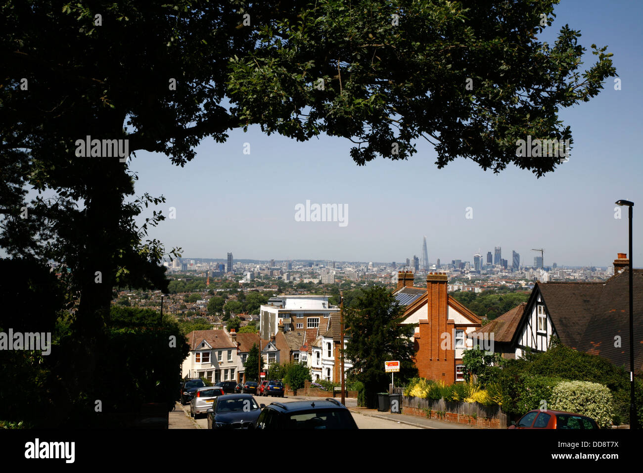 Der Londoner Skyline gesehen vom Canobie Road, Forest Hill, London, UK Stockfoto