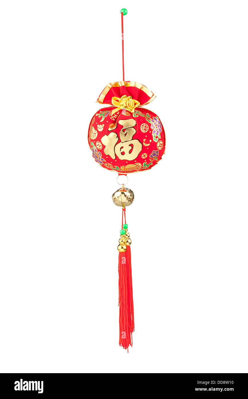 Chinesische Windspiel in rote Tasche Farbe isoliert auf weiss Stockfoto