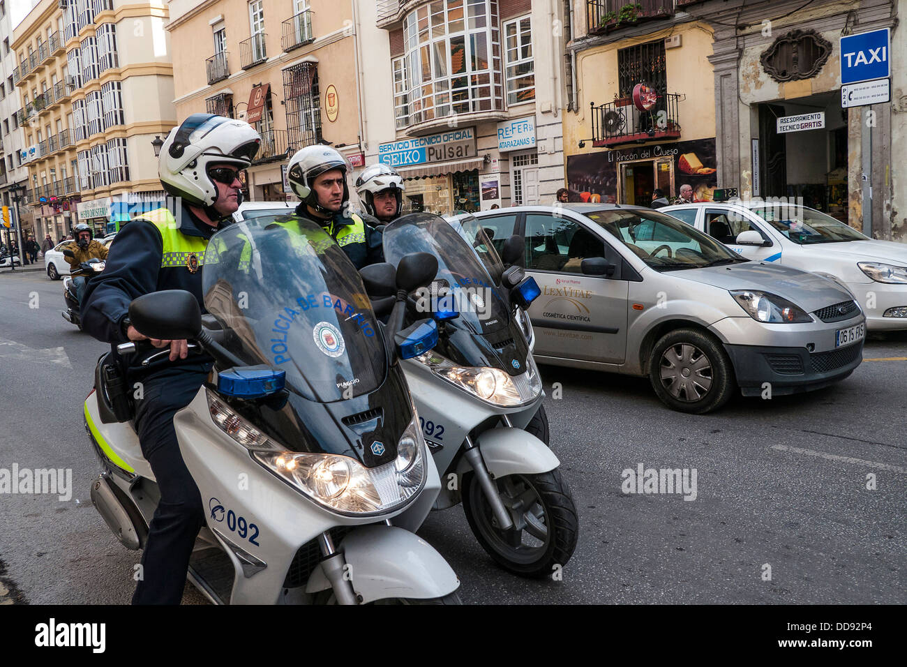 Straßenszene, Malaga, Spanien-Polizei Stockfoto