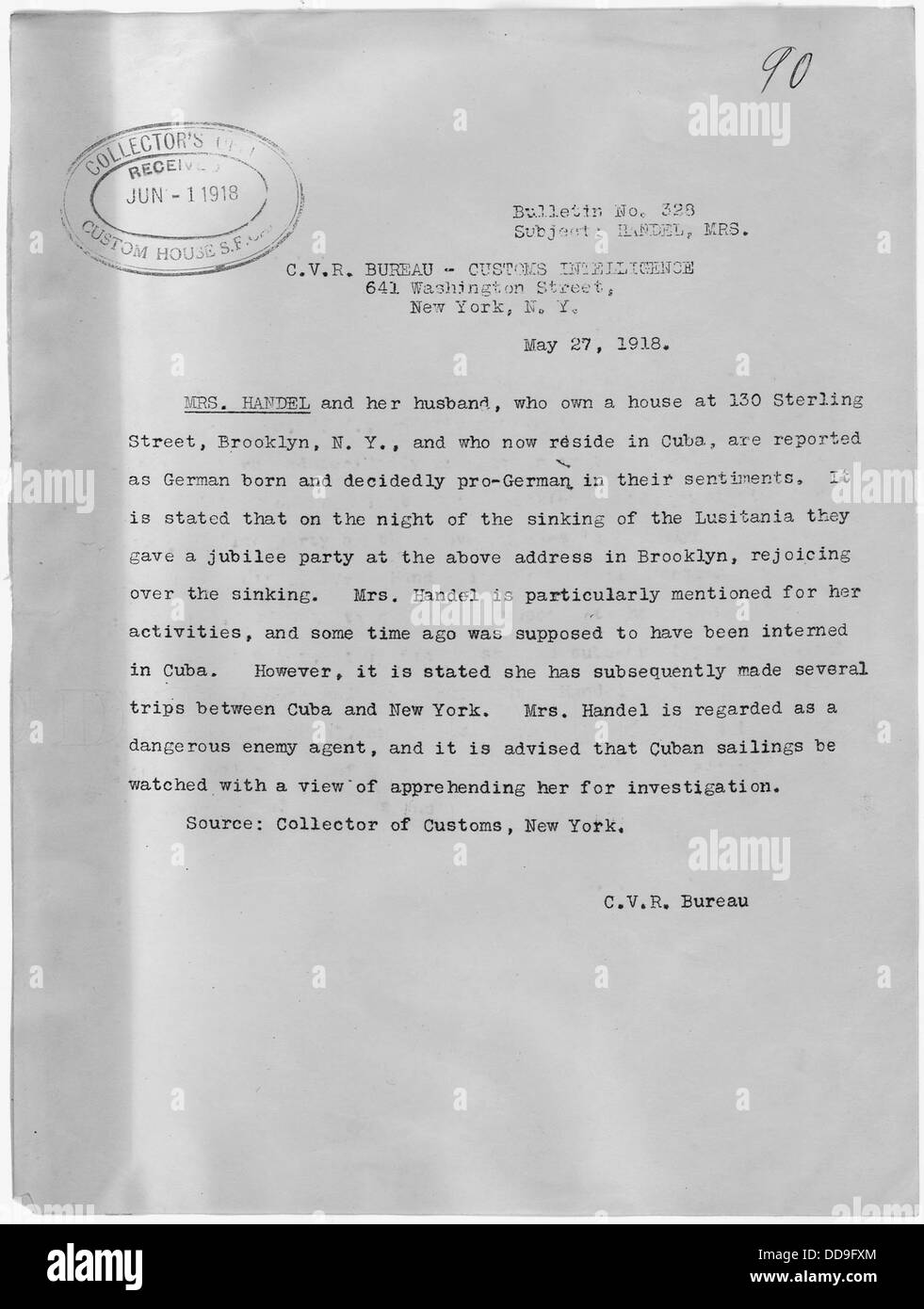 Der Passagierbericht der Geheimdienstabteilung für Mrs. Händel, der die persönlichen Reiseinformationen enthält, die für Geheimdienstzwecke gesammelt wurden. Stockfoto