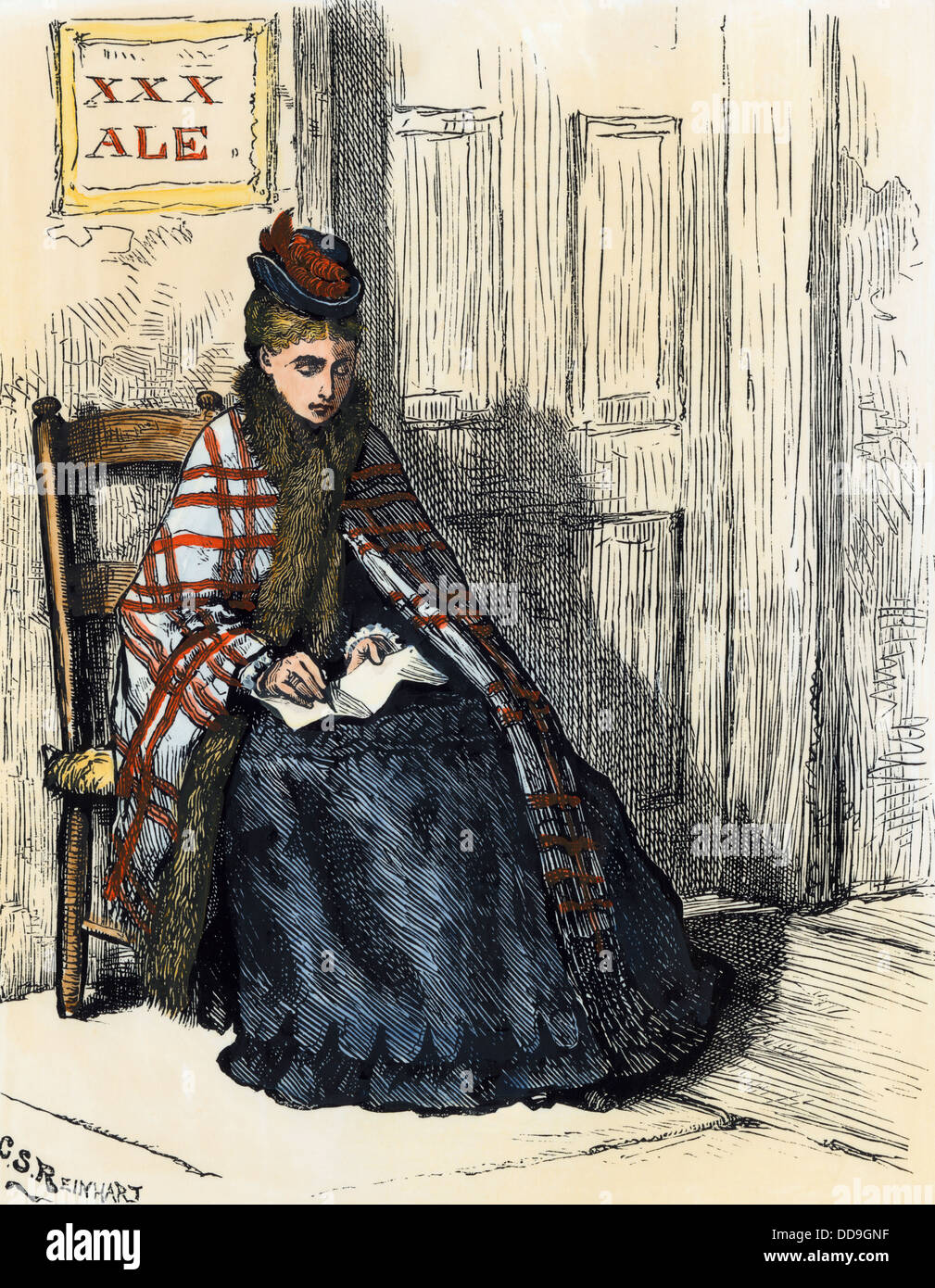 Frau temperance Reformer Aufnahme die Namen derjenigen, die eine Limousine, 1870. Hand - farbige Holzschnitt Stockfoto