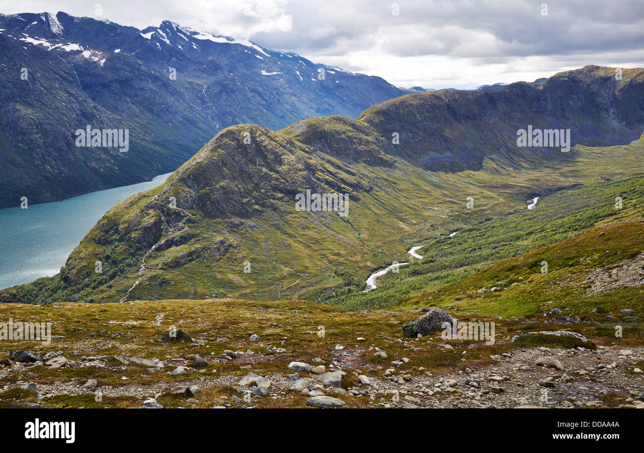 Die Muru Fluss und fließt vom Memurubu Gletscher, See Gjende Jotunheimen Nationalpark Norwegen Memurudalen Stockfoto