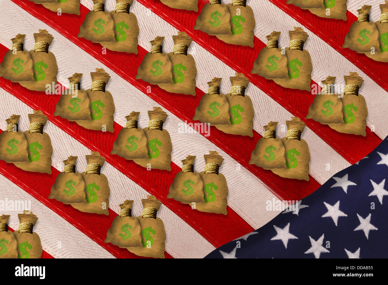 Taschen von Bargeld auf amerikanische Flagge. Stockfoto