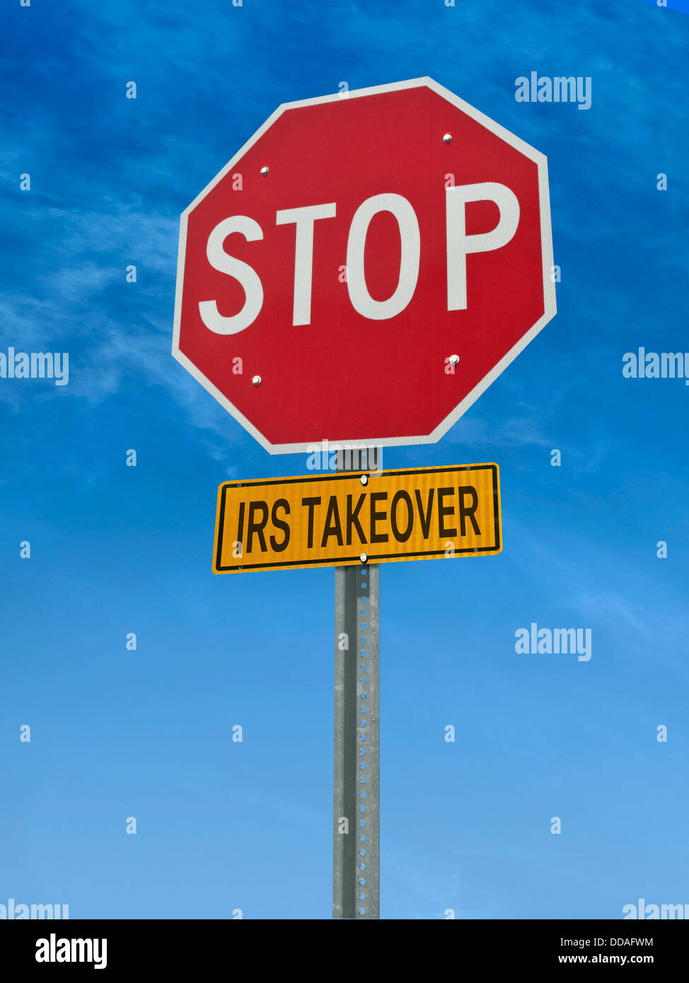 Himmel irs Übernahme konzeptionelle Straßenschild Zwischenstopp Stockfoto