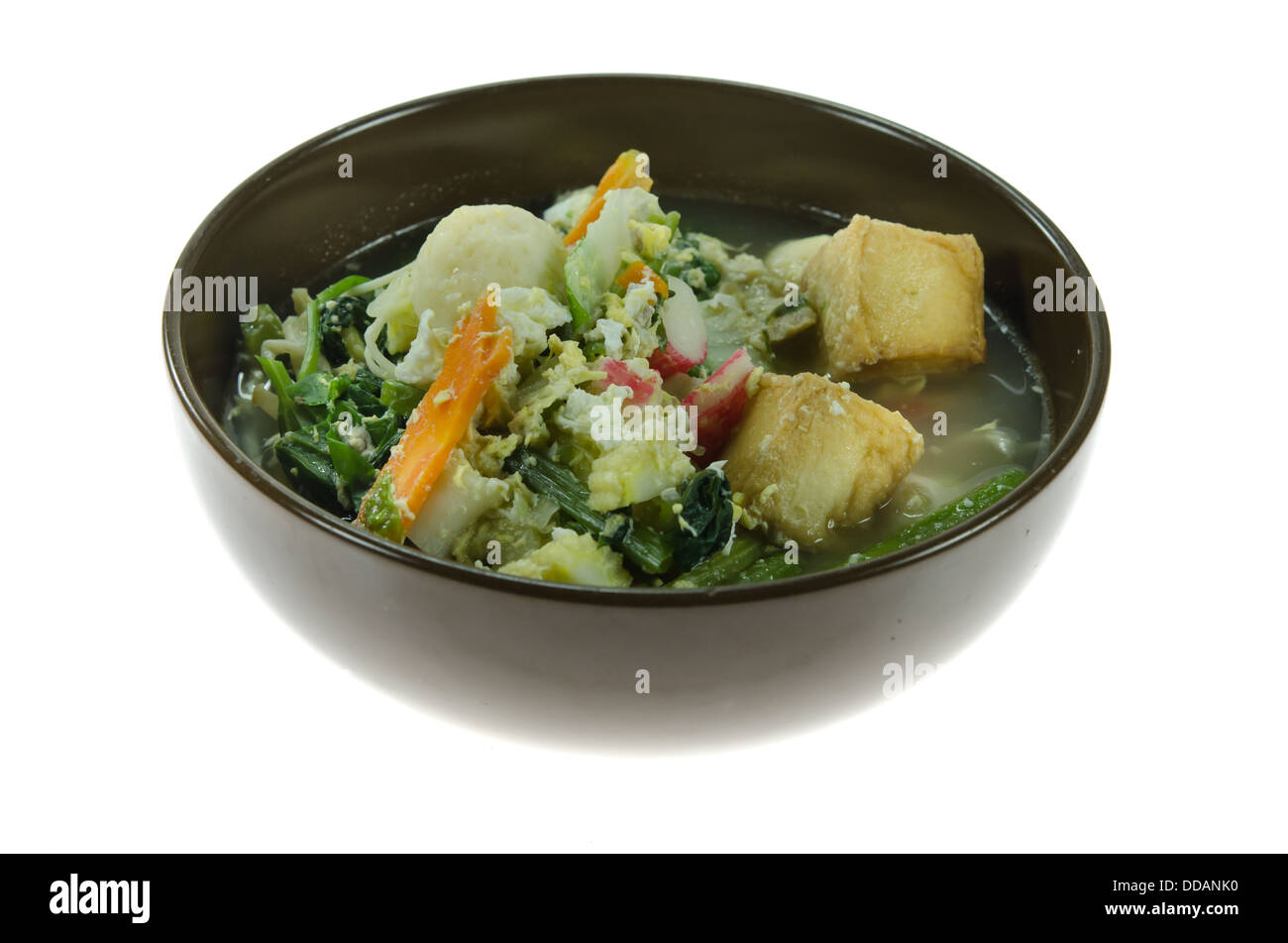 asiatische Suppe mit Schweinefleisch, Frikadellen, Ei und Gemüse in Schüssel mischen, auf weißem Hintergrund Stockfoto