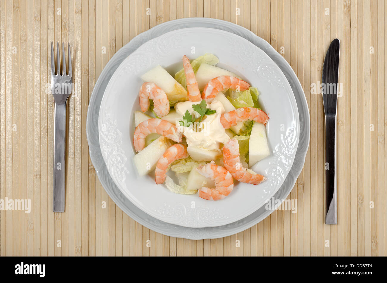 Shrimps-Salat, Melone, Salat und mayonnaise Stockfoto