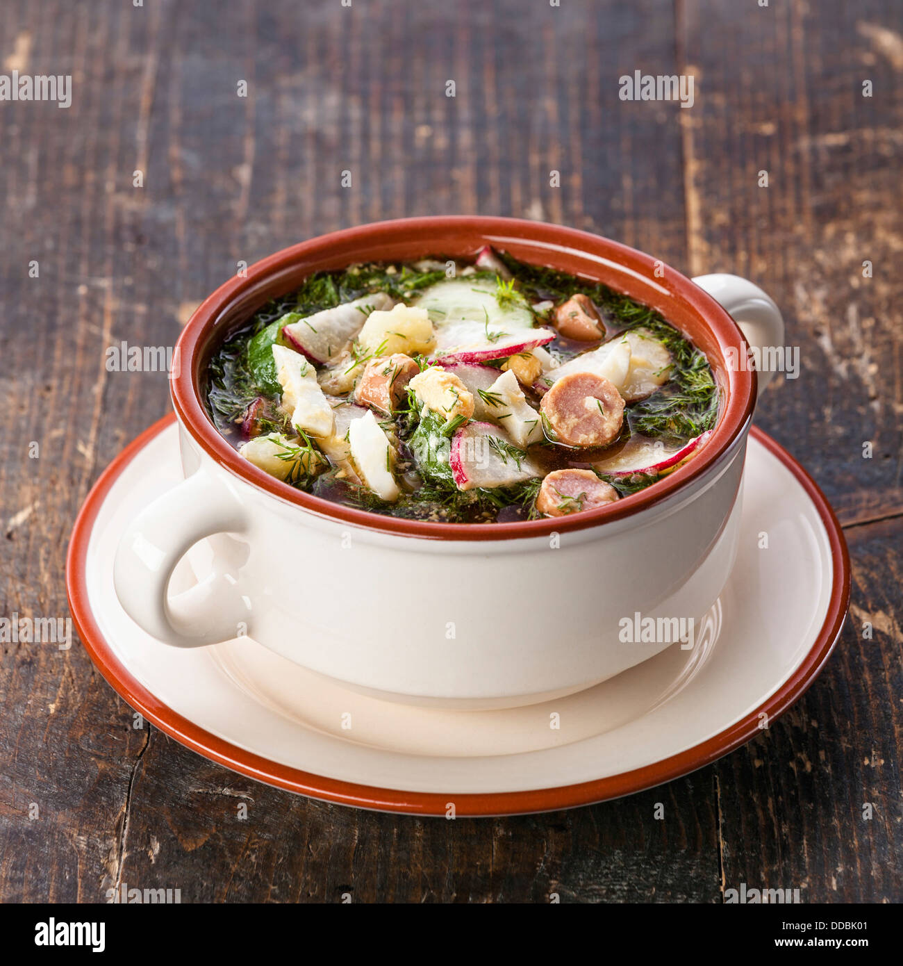 Okroschka - russische Quas kalte Suppe mit Gemüse Stockfoto