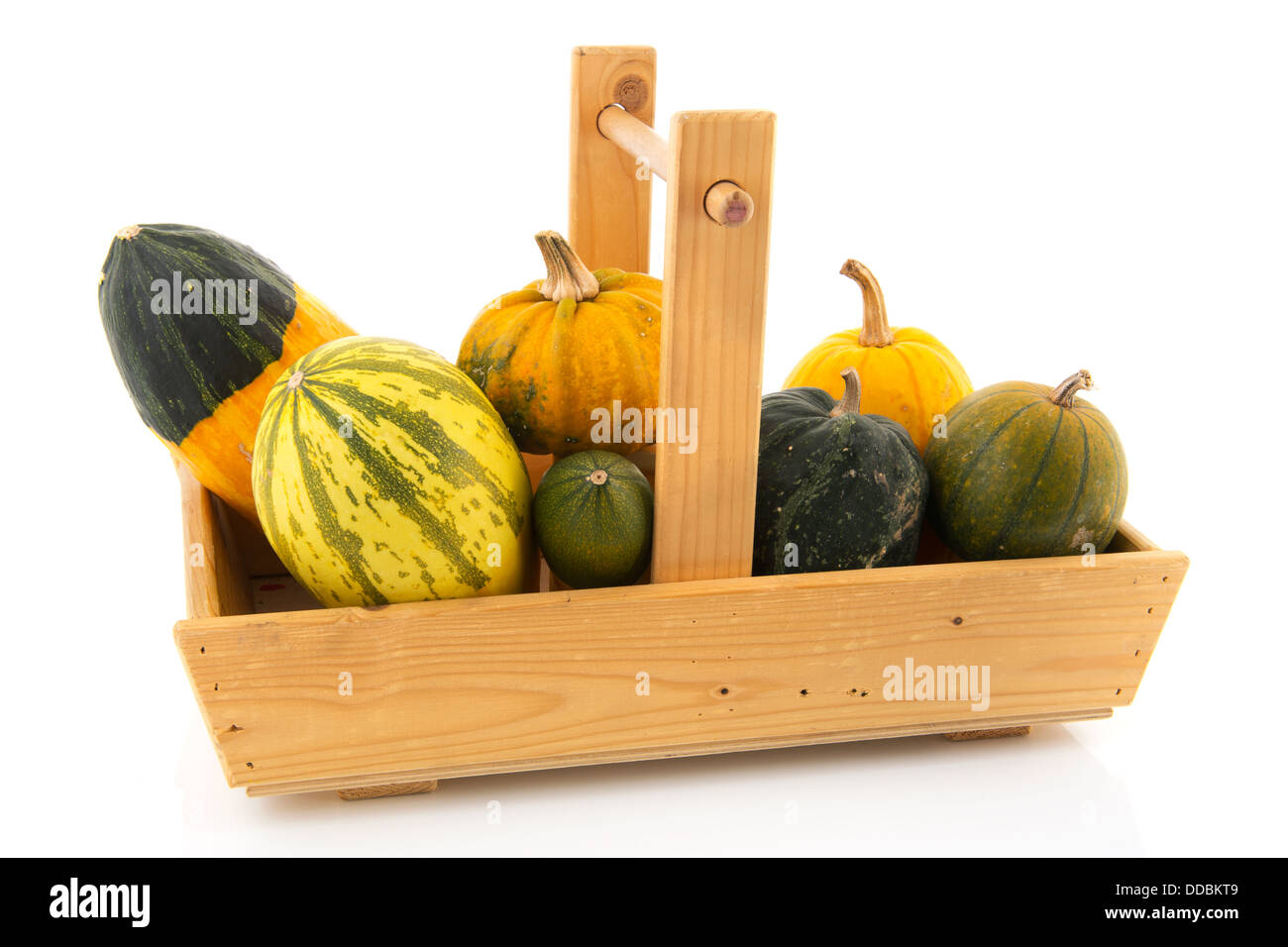 Dekorative Kürbisse aus Holz Korb Stockfoto
