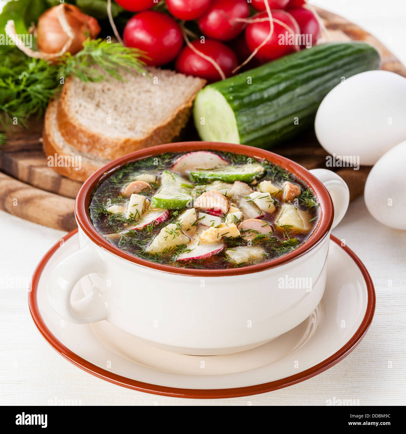 Okroschka - russische Quas kalte Suppe mit Gemüse Stockfoto