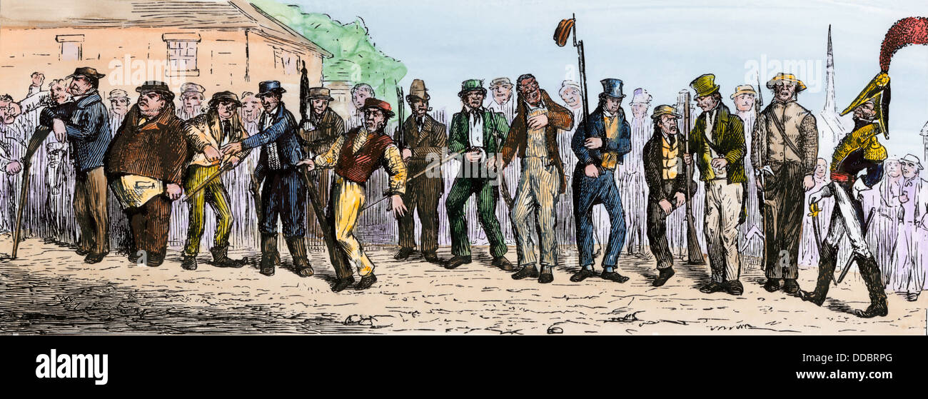 Karikatur der Miliz Bohren, 1805. Hand - farbige Holzschnitt Stockfoto