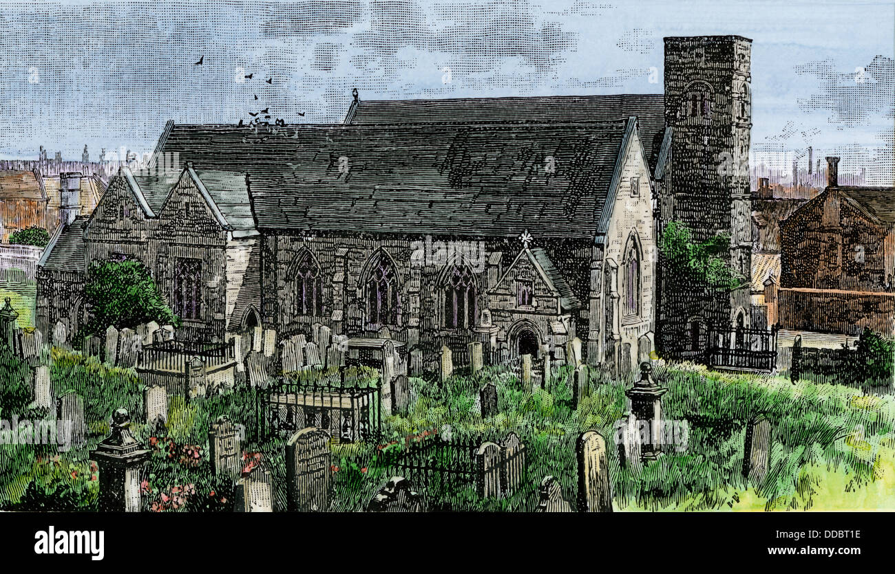 St. Peter's Kirche in Monkwearmouth, England, im 7. Jahrhundert gegründet. Hand - farbige Holzschnitt Stockfoto St. Peter's Kirche in Monkwearmouth, England, im 7. Jahrhundert gegründet. Hand - farbige Holzschnitt Stockfoto