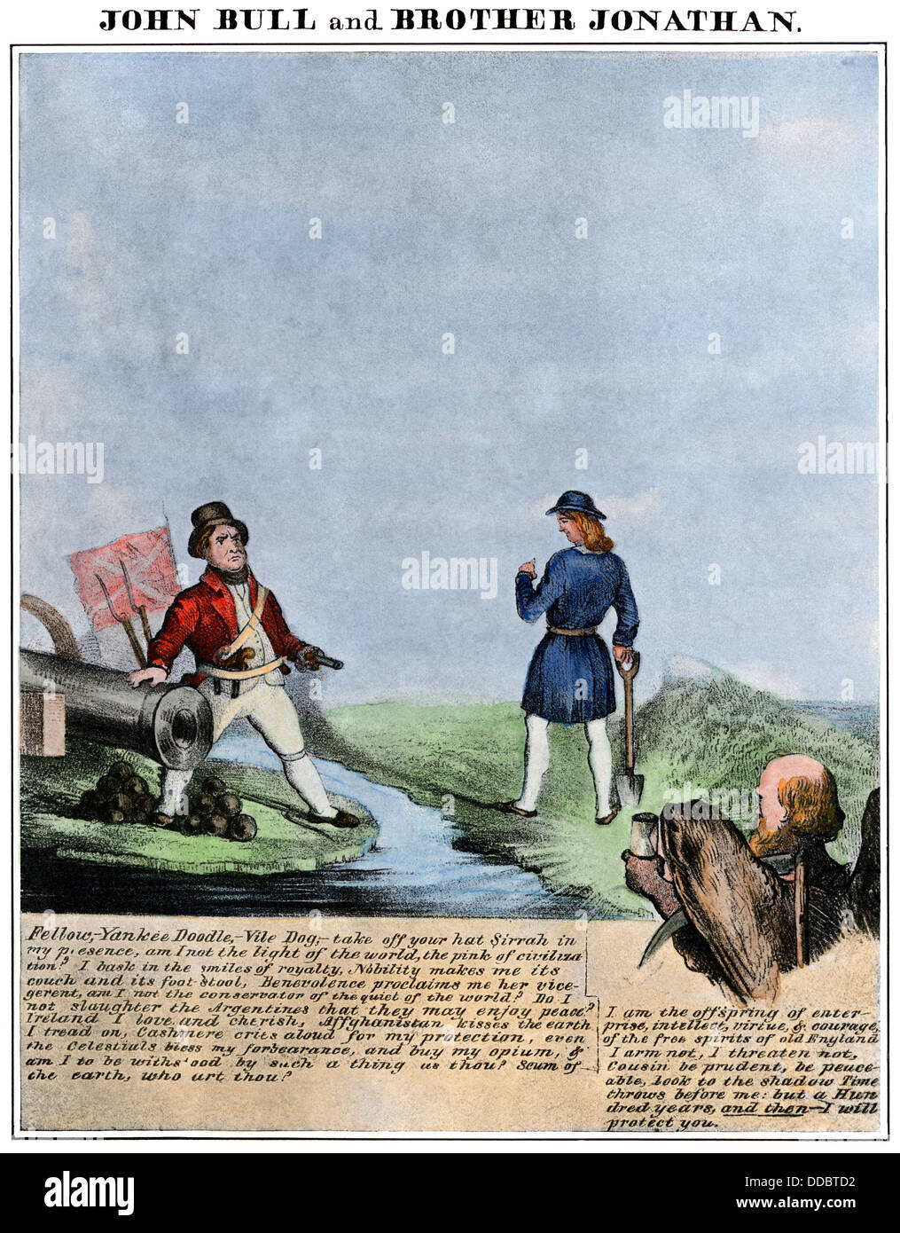 John Bull und Bruder Jonathan, ein 1840 Cartoon über britisch-amerikanischen Beziehungen. Handcolorierte halftone Reproduktion von einem Cartoon Stockfoto
