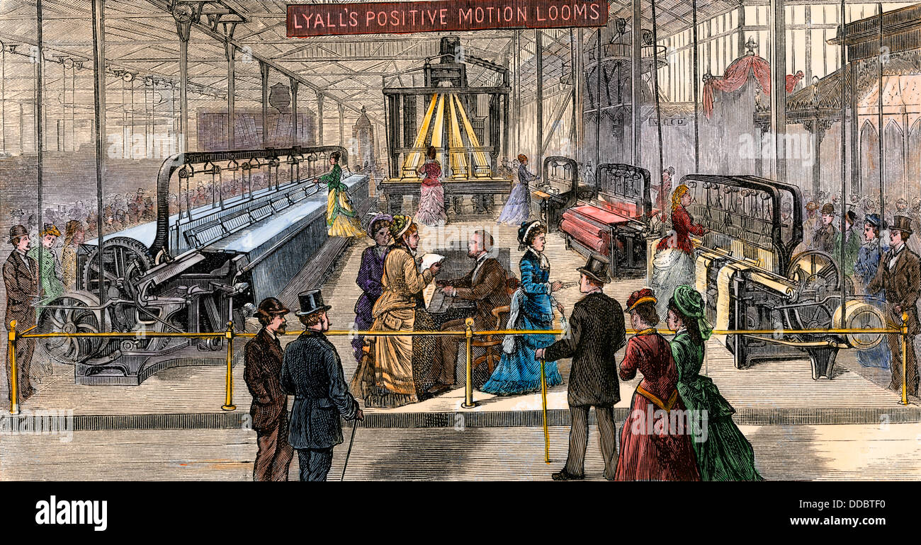 Lyall's positive Bewegung Webstühle in der Maschinenhalle, Centennial Exhibition Philadelphia, 1876. Hand - farbige Holzschnitt Stockfoto