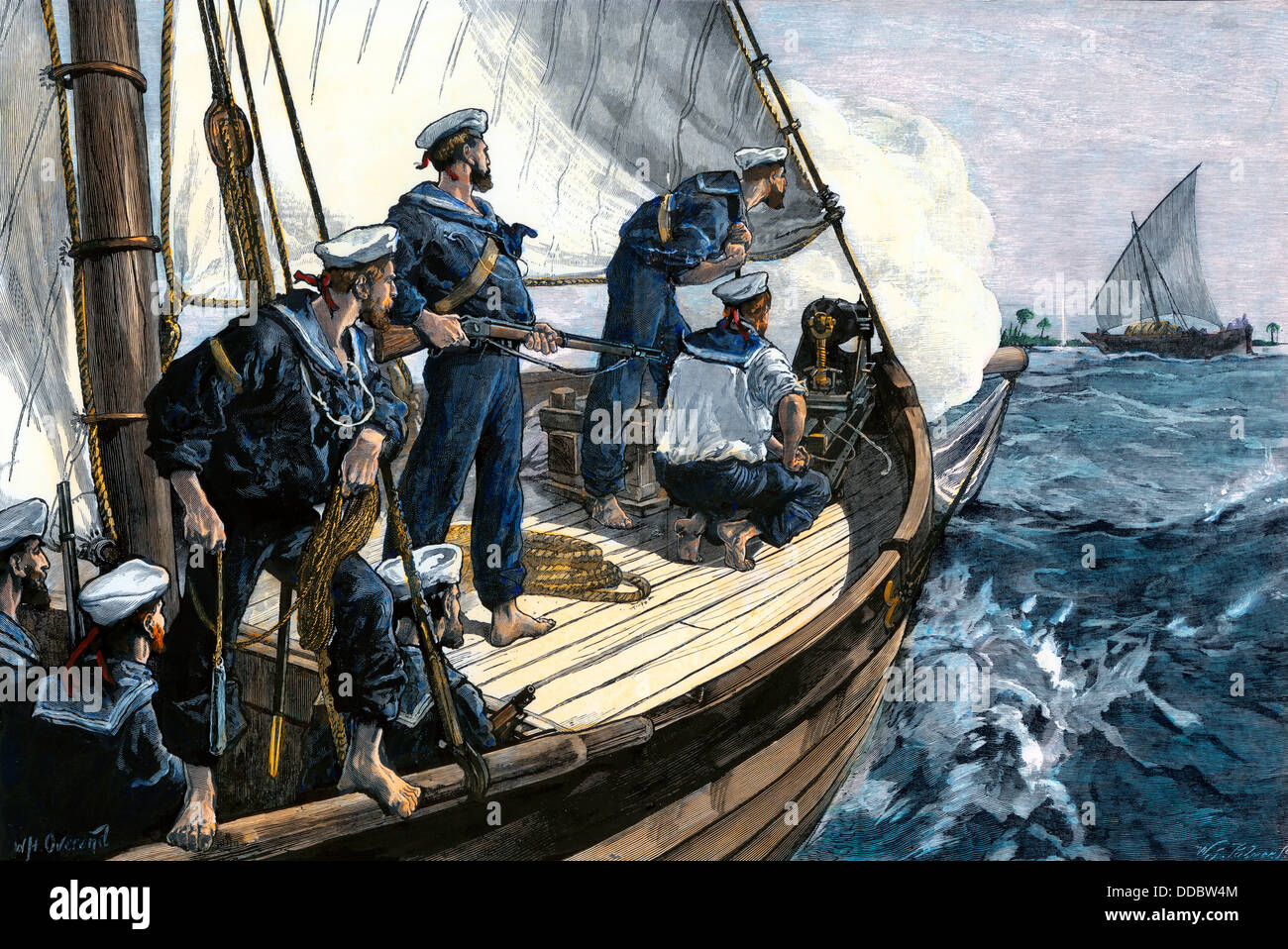 Royal Navy jagen ein East African slave-Schiff. ca. 1880. Hand - farbige Holzschnitt Stockfoto