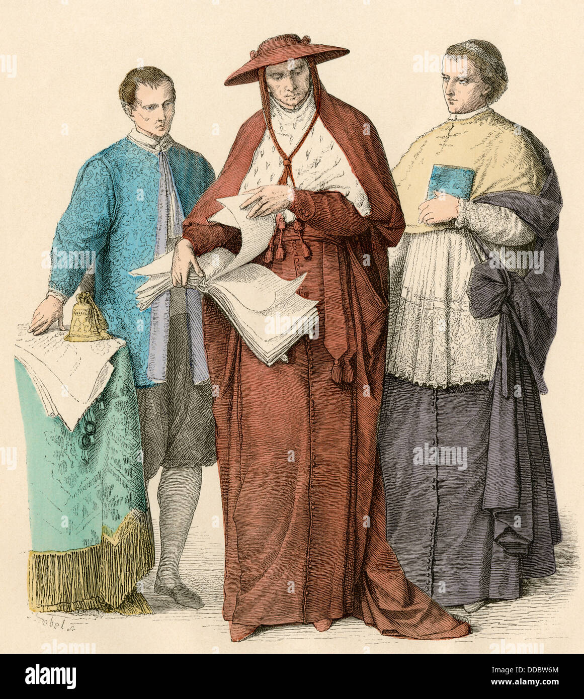 Römisch-katholische Kardinal (Mitte) und Prälat (rechts), 16.-17. Jahrhundert. Hand-farbig drucken Stockfoto