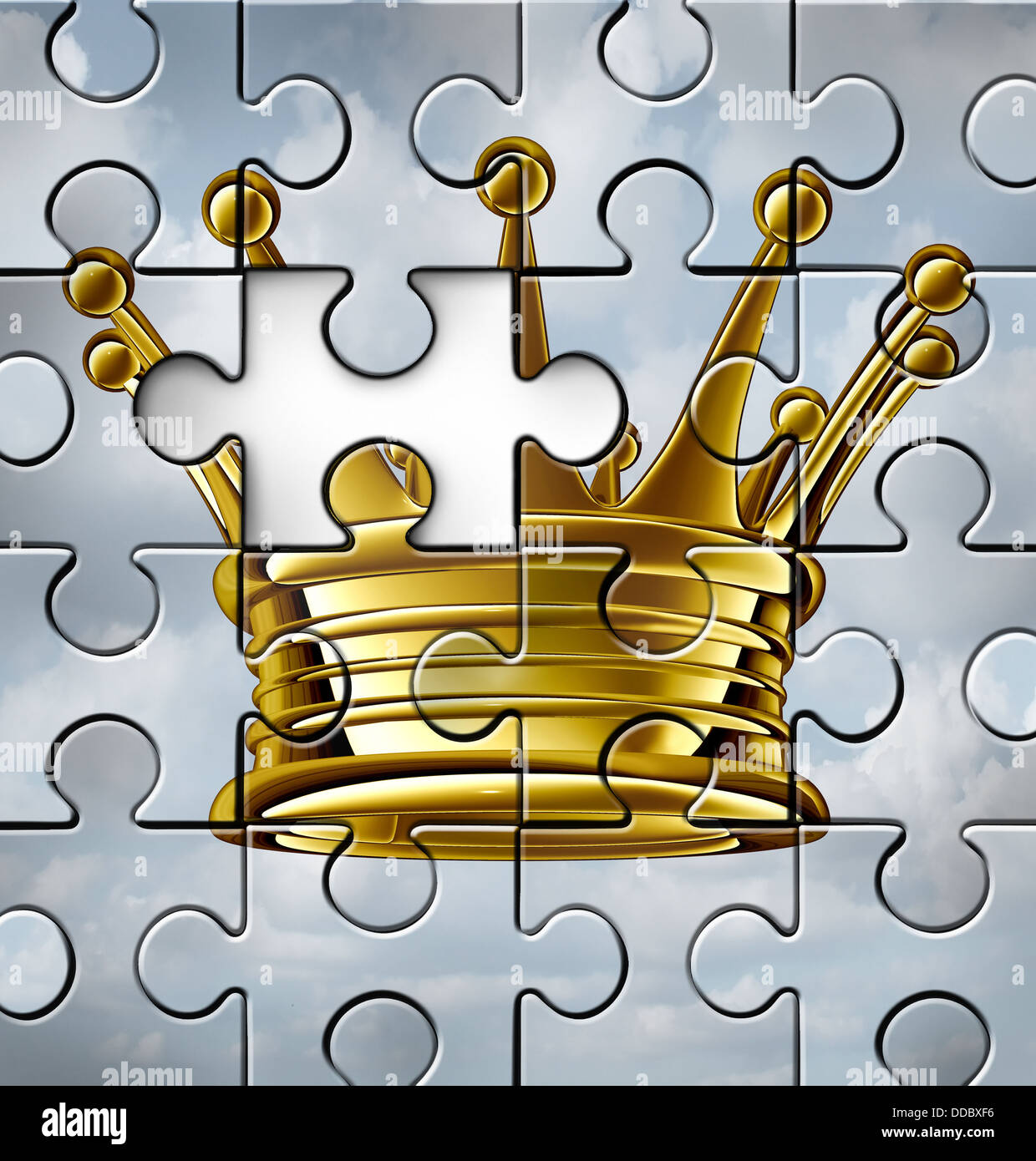 Führung Lücke Konzept oder Gebäude Unternehmensführung als eine Idee, eine gold-König krönen auf eine Jigsaw Puzzle-Textur mit einem Stück fehlt als Symbol der Führer Herausforderungen. Stockfoto