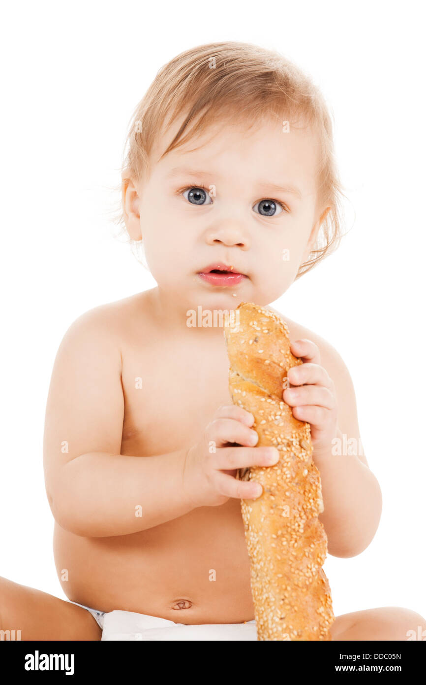 niedliche Todler lange Brot essen Stockfoto