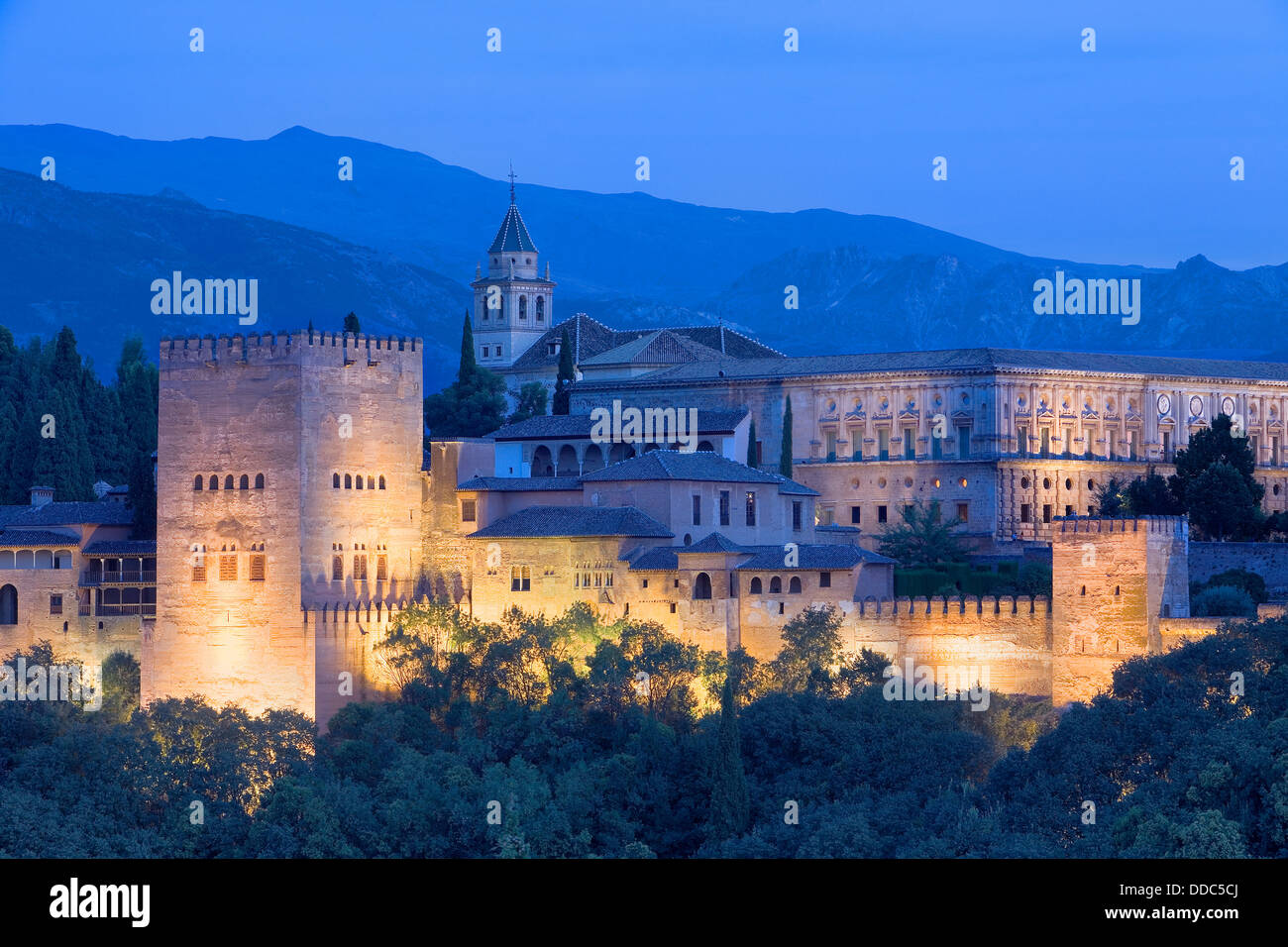 La; Alhambra; Granada, Übersicht, Scenic, Skyline, Nacht Stockfoto