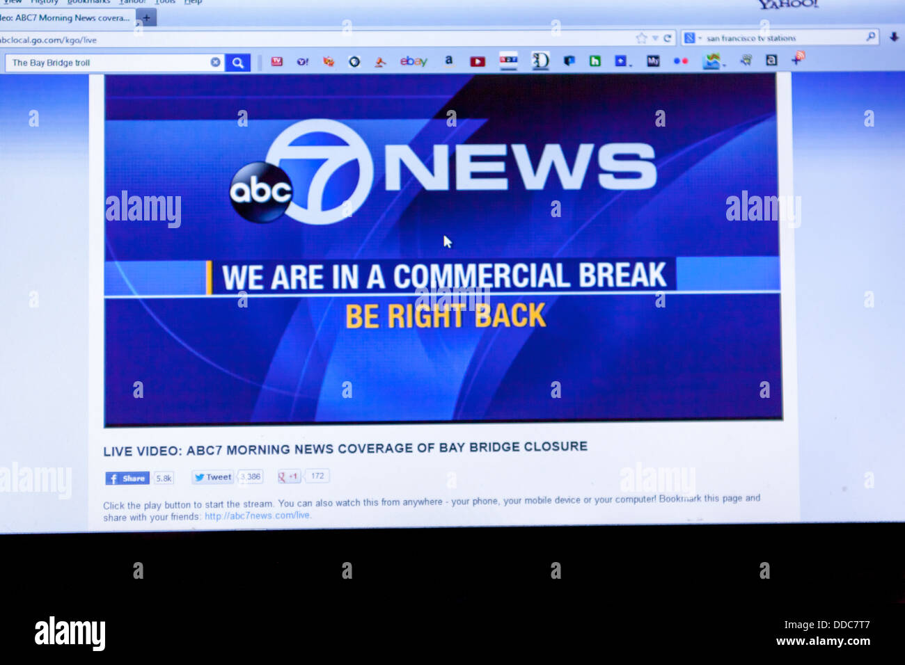 Screenshot des San Francisco TV Station KGO Bedeckung der Bay Bridge Schließung Stockfoto