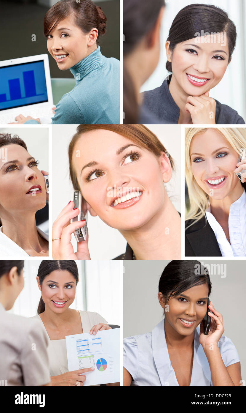 Montage von schöne erfolgreiche Geschäftsfrauen oder Frauen, die in Business-Meetings mit Handys & Laptops arbeiten. Stockfoto