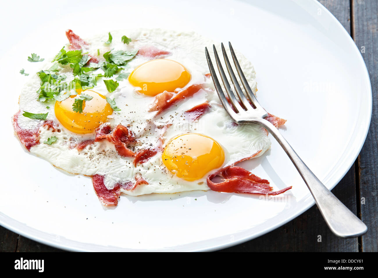 Traditionelles Frühstück mit Eiern und Speck auf weißen Teller Stockfoto
