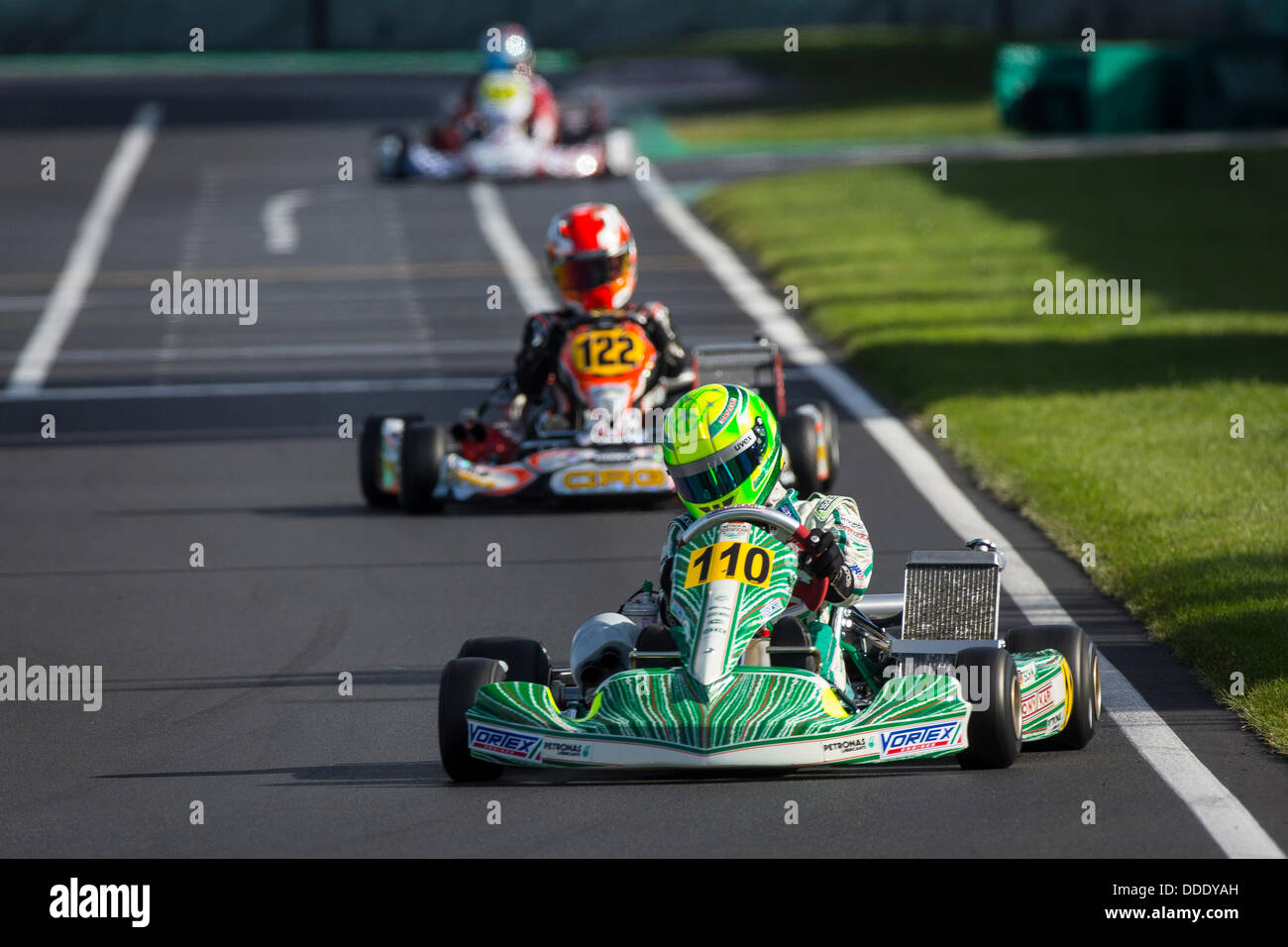 31.08.2013. PFi-Schaltung in der Nähe von Grantham Lincolnshire England - Runde 1 der CIK-FIA Weltmeisterschaft KF. Samstag qualifizieren. #110 Mick Betsch (DEU) Tony Kart Racing Team Stockfoto