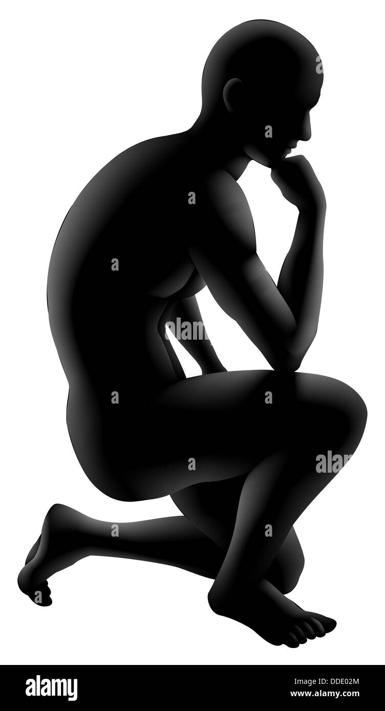 Silhouette Mann kauerte in einer Denker Pose. Konzept für jeden in Frage zu stellen oder Psychologie, Poesie und Philosophie. Stockfoto