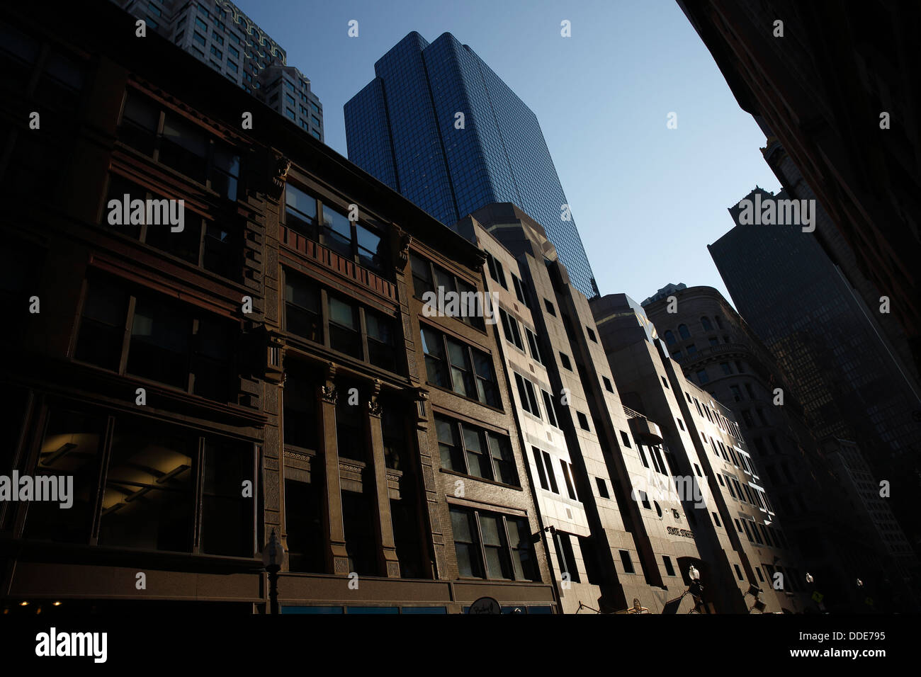 Nachmittagssonne auf Gebäuden, State Street, Boston, Massachusetts Stockfoto