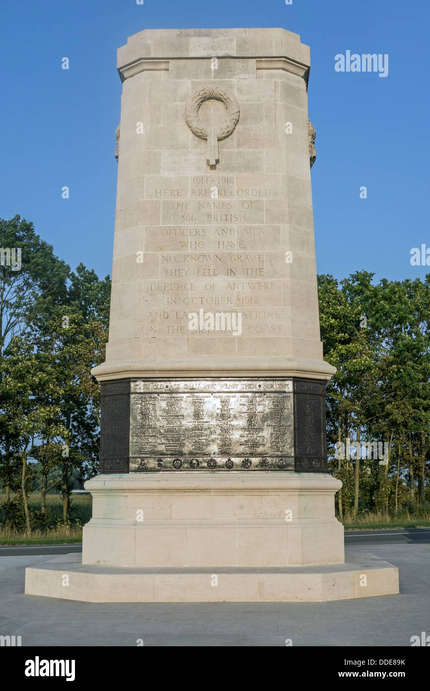 Die WW1 britische Erster Weltkrieg Nieuwpoort Memorial, das fehlt bei Nieuport, West-Flandern, Belgien Stockfoto