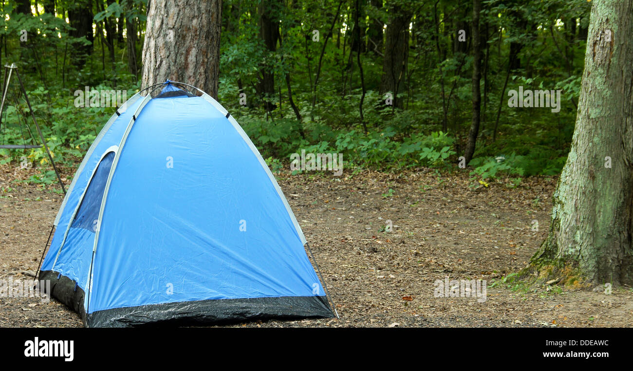 blaue Zelt auf einem Wildnis-Campingplatz mit Bäumen und Wäldern im Hintergrund Stockfoto