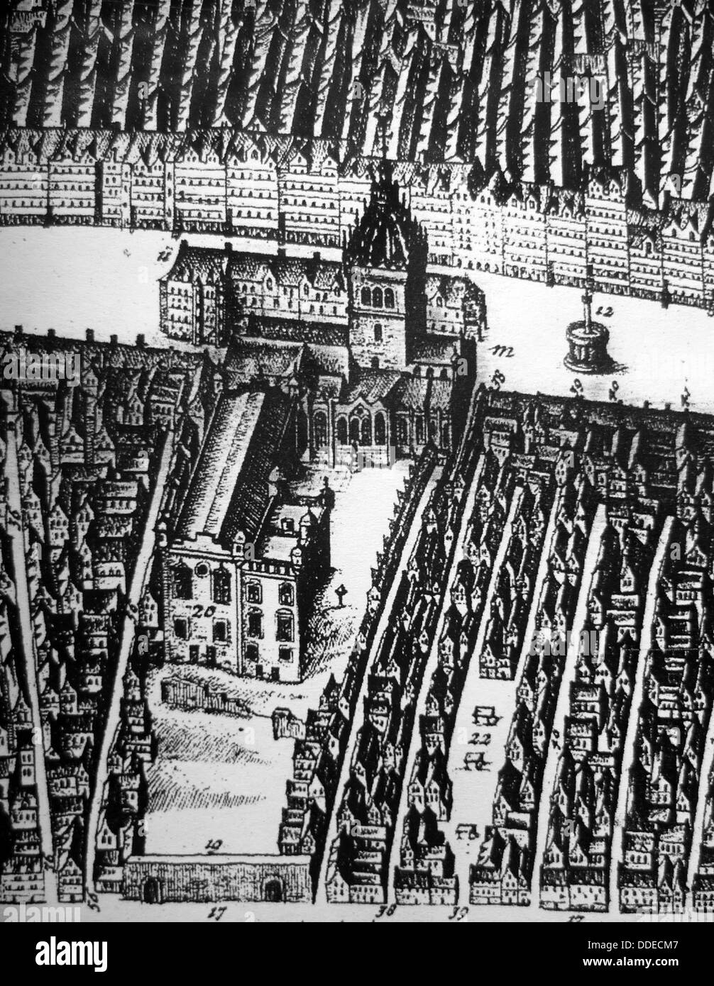 St. Giles Kirk und Parlamentsgebäude von James Gordon der Rothiemay Karte von Edinburgh 1647 Stockfoto