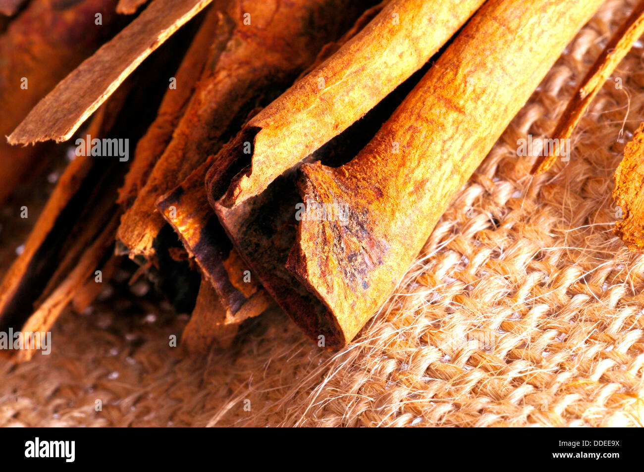 Makroaufnahme von Stücken von Zimt Stockfoto