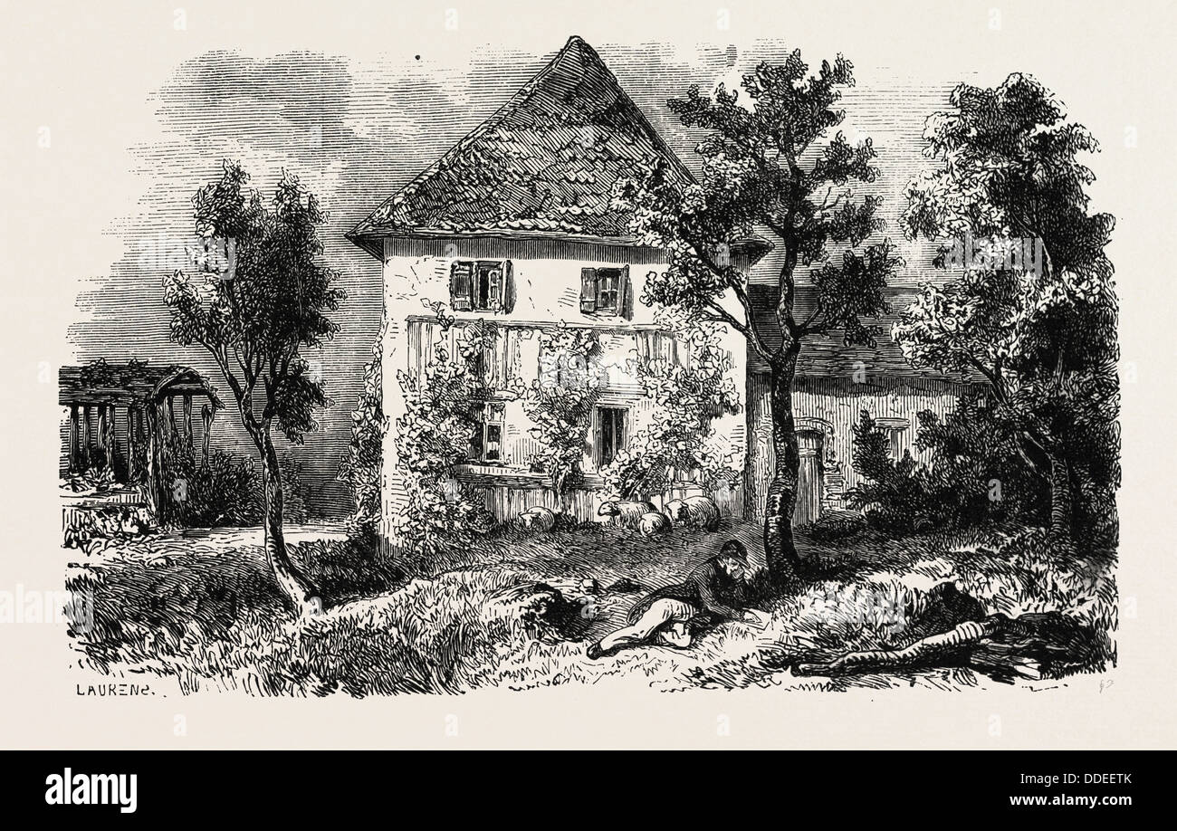 Landhaus in Lechwitz, früher bewohnt von C.M. Weber und heute von L. Richter. 1855. Tschechien, Gravur Stockfoto