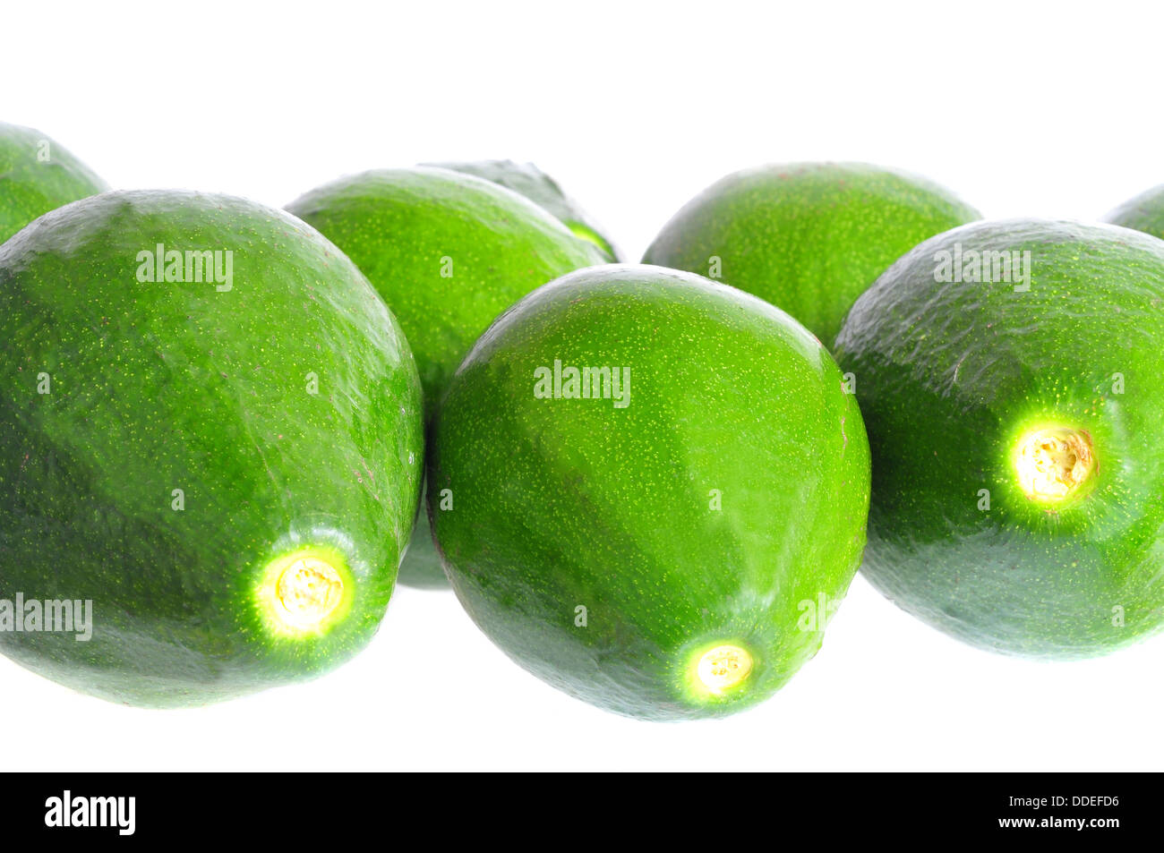 Makroaufnahme einer Gruppe von Avocados auf weiß Stockfoto