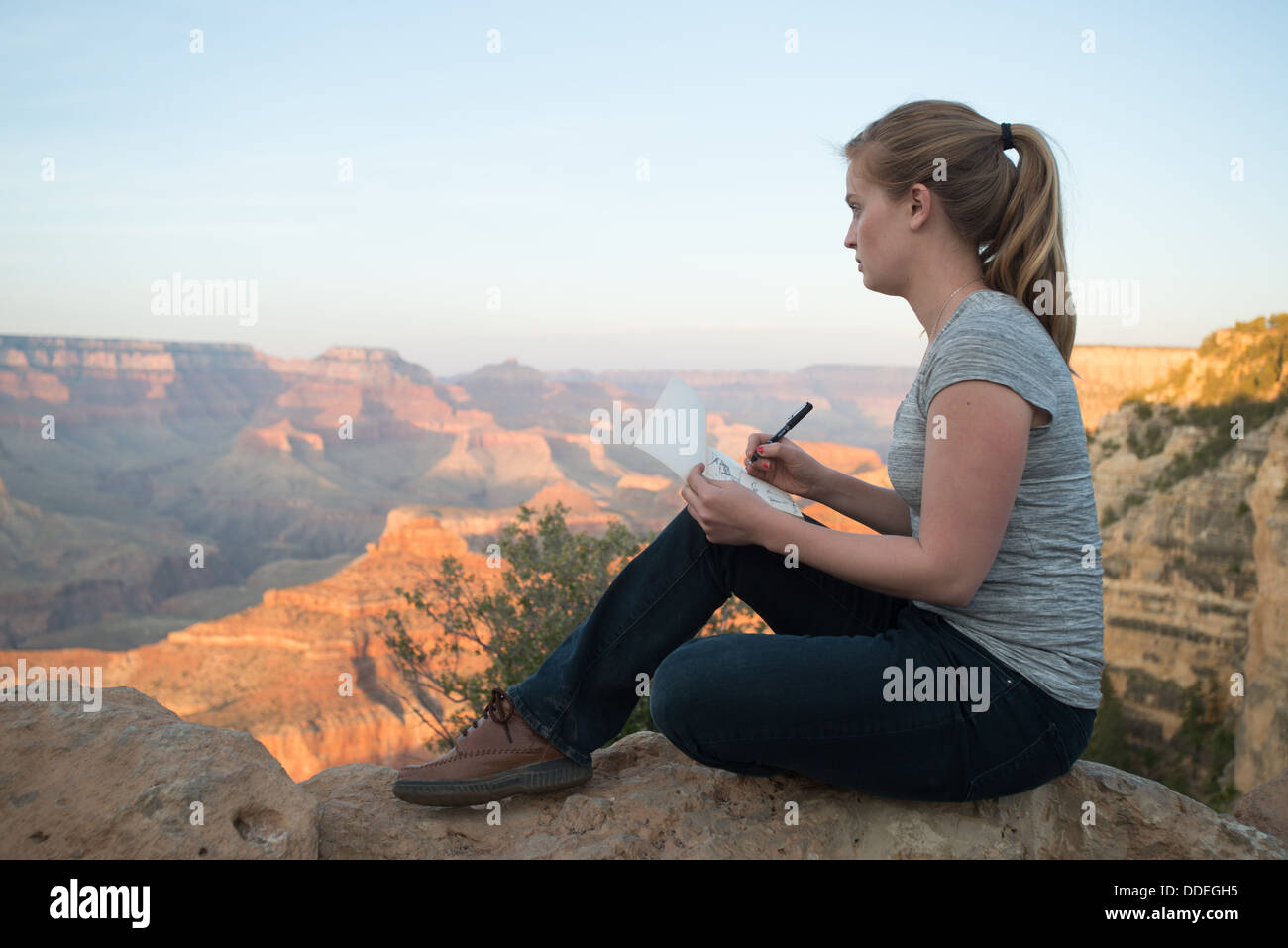 Junge Frau skizzieren Grand Canyon Stockfoto