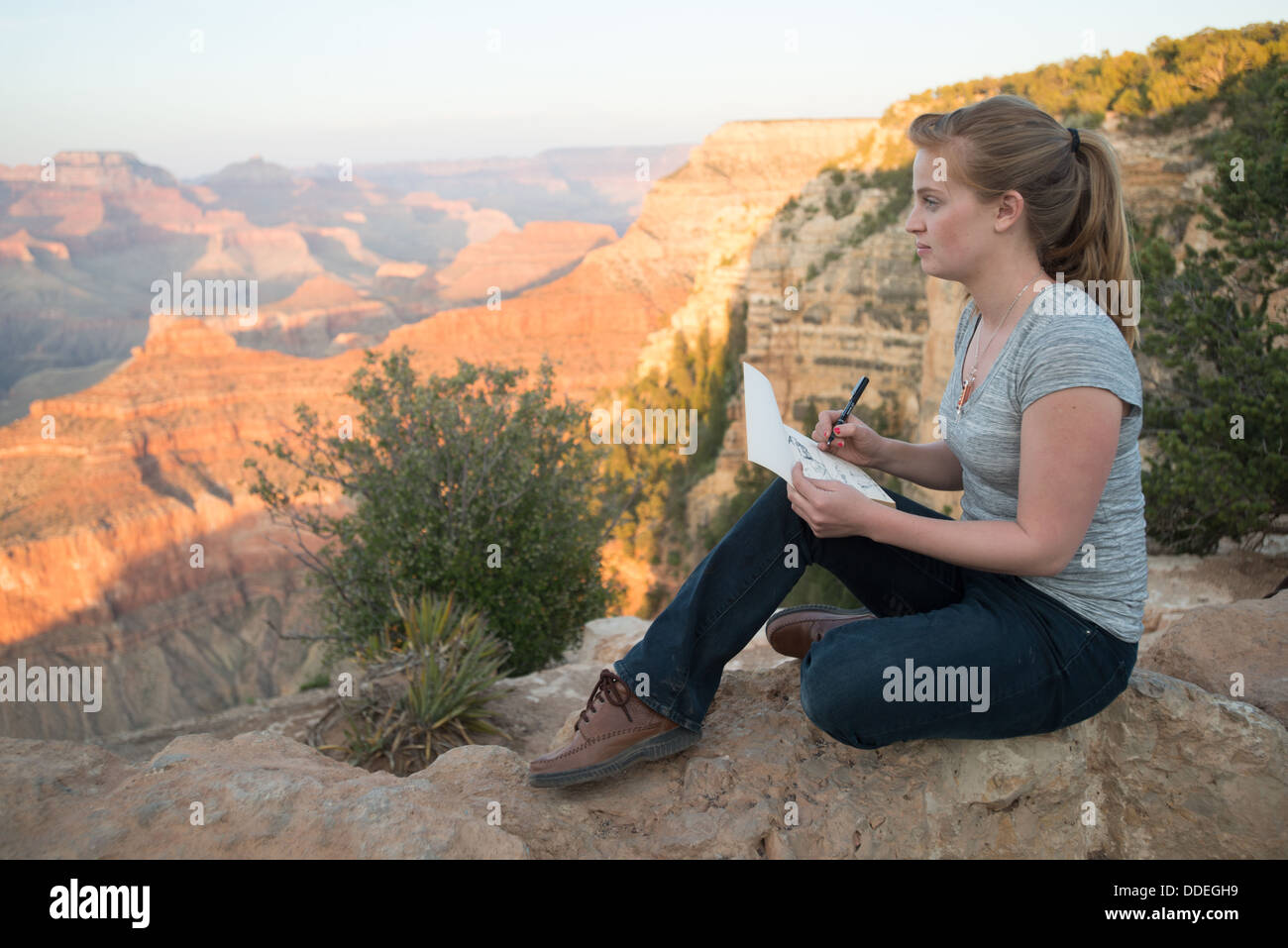 Junge Frau skizzieren Grand Canyon Stockfoto