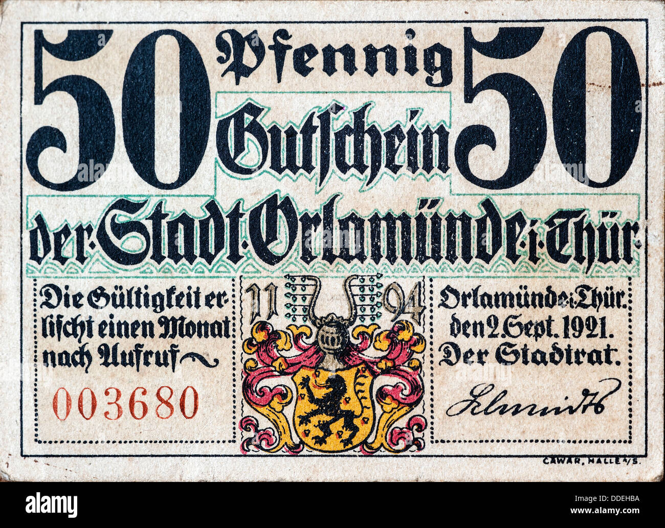 50 Pfennig Notgeld Deutsch / Notgeld Banknote von 1921, nach dem ersten Weltkrieg in Deutschland verwendet Stockfoto