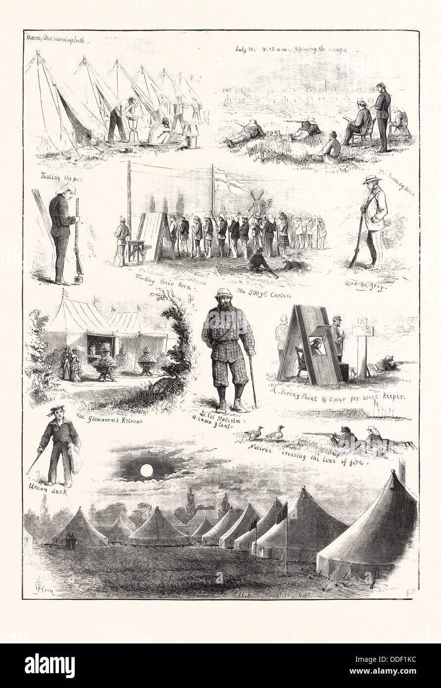 Leben unter Leinwand, Skizzen in THE VOLUNTEER CAMP in WIMBLEDON, Gravur 1876, UK, Großbritannien, British, Europa, Großbritannien Stockfoto