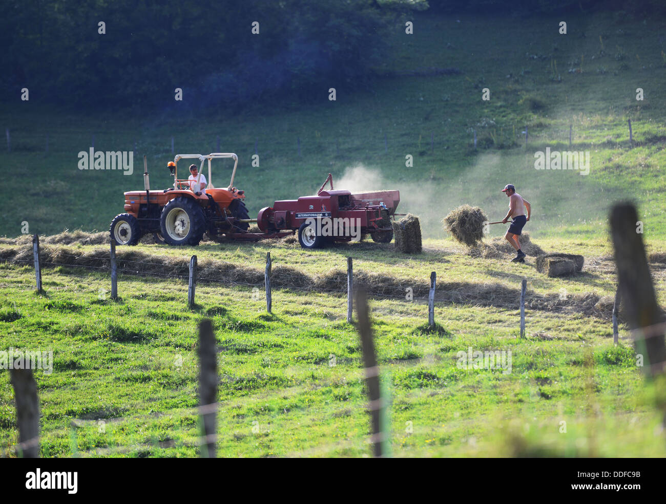 Heu Pressen, Traktor sammeln und Heu auf dem Bauernhof in Frankreich Stockfoto