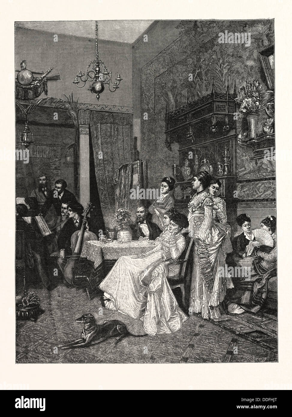 EIN KAMMERKONZERT, BILD VON ADRIEN MOREAU IN PARIS SALON, GRAVUR 1876 Stockfoto