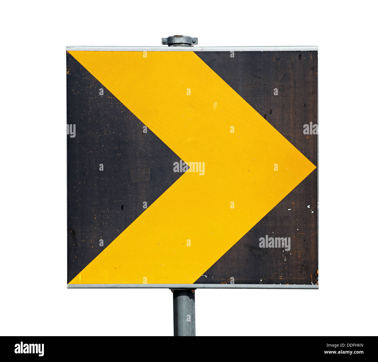 Gelb und Schwarz drehen Straßenschild isoliert auf weißem Hintergrund Stockfoto