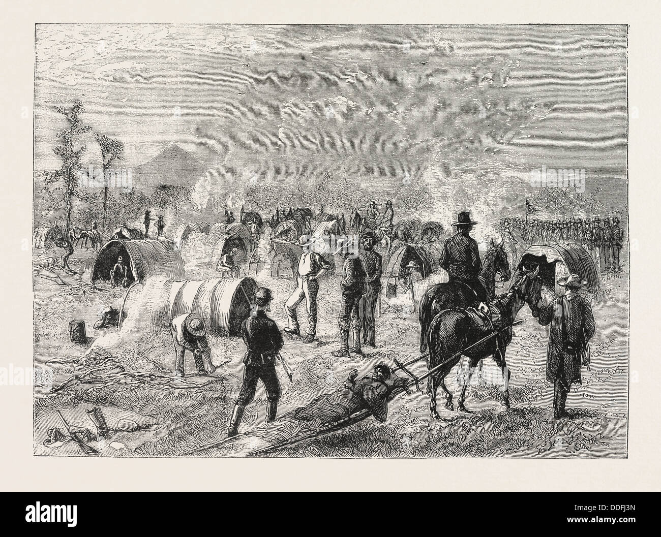 GENERAL CROOK CAMP WHITEWOOD CREEK: BRINGT EINEN VERWUNDETEN SOLDATEN AUF EINE TRAVAU, DIE SIOUX KRIEG, GRAVUR 1876, US, USA Stockfoto