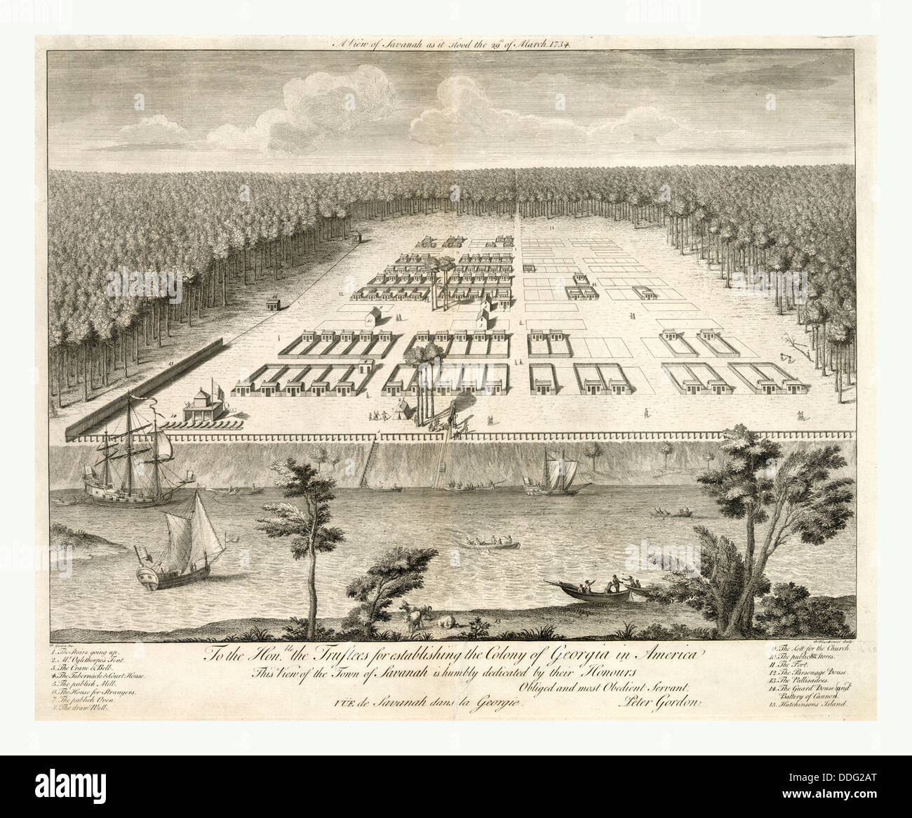 Eine Ansicht von Savannah, Georgia, als er Stand 29. März 1734. Lithographie von Kupferstich von s. Fourdrinier nach p. Gordon, USA Stockfoto