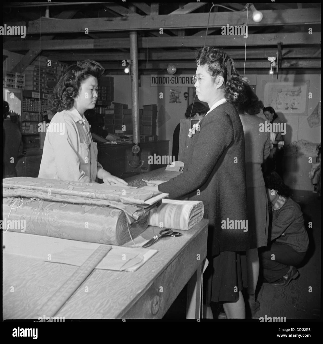 Manzanar Relocation Center, Manzanar, Kalifornien. Material für einen Frühling Kleid wird von einer Eva ausgewählt... 536926 Stockfoto