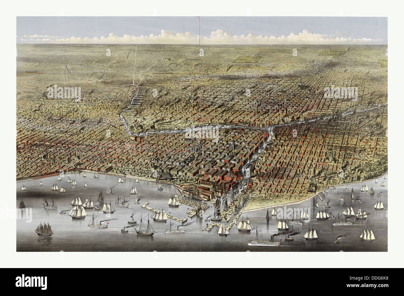 Vogelperspektive von Chicago von oben Lake Michigan von Currier & Ives ca. 1874, USA, USA, Amerika Stockfoto