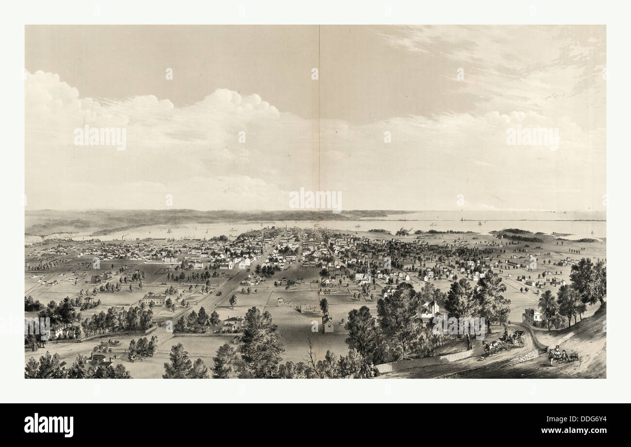 Vogelperspektive von Hamilton, Ontario, Kanada, im Jahr 1859 mit Hafen in der Ferne von Reis & Duncan Stockfoto Vogelperspektive von Hamilton, Ontario, Kanada, im Jahr 1859 mit Hafen in der Ferne von Reis & Duncan Stockfoto